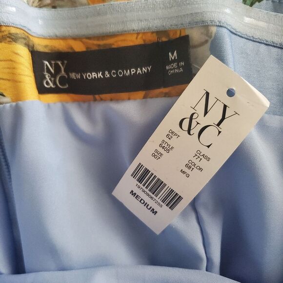 NWT New York & Co Women's Dress Medium Blue Yellow Floral Midi Pockets Strapless - Picture 11 of 11